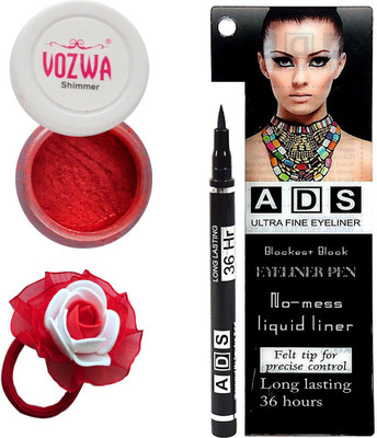 

Vozwa Red Eyeshadow Shimmer Powder, No-mess black Eyeliner Pen and Band(Set of 3)