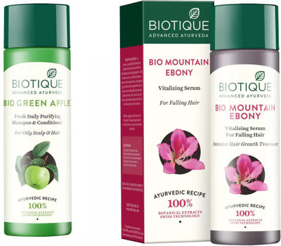 

BIOTIQUE BIO Green Apple Fresh Daily Purifying Shampoo & Conditioner, Mountain Ebony Vitalizing Serum For Falling Hair Intensive Hair Growth Treatment(Set of 2)