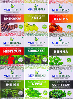 

MGH Herbals Shikakai, Amla, Reetha,Hibiscus, Bhingraj, Henna, Indigo Leaf, Neem & Curry Leaf (Pack of 9)(900 g)