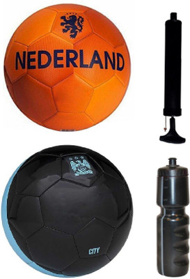 

SportsCorner Combo of Nederland Orange + City Black Football (Size-5) with Air Pump & Sipper Football Kit