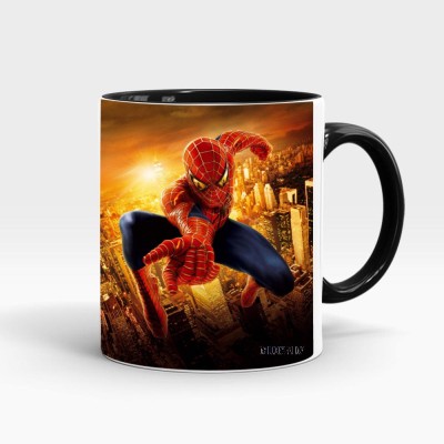 MUGKIN Black Coloured Marvel Superhero Spiderman Official Printed (SM8943564717613) Ceramic Coffee Mug(350 ml)