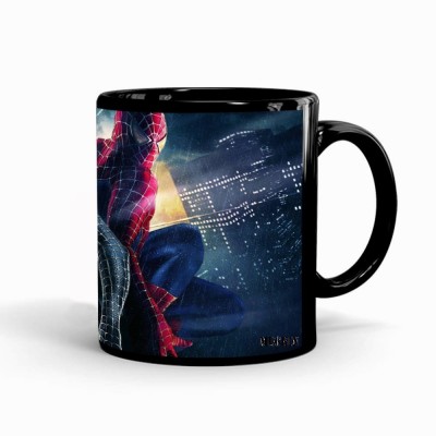 MUGKIN Dark Marvel Superhero Spiderman Official Printed (BLACK-SM8943564722464) Ceramic Coffee Mug(350 ml)