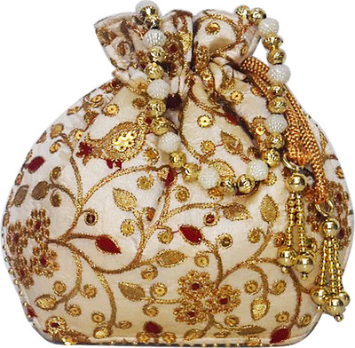 

AyA Fashion Designer Royal Ethnic Clutch Silk Potli Batwa Wallet Bag with Beads Work |Hand embrodired and Golden Lace work Potli(Red)