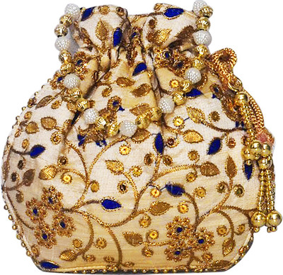 

AyA Fashion Designer Royal Ethnic Clutch Silk Potli Batwa Wallet Bag with Beads Work |Hand embrodired and Golden Lace work Potli(Blue)