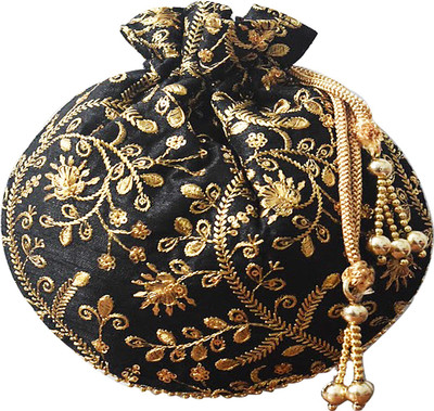 

AyA Fashion Designer Royal Ethnic Clutch Silk Potli Batwa Wallet Bag with Beads Work |Hand embrodired and Golden Lace work Potli(Black)