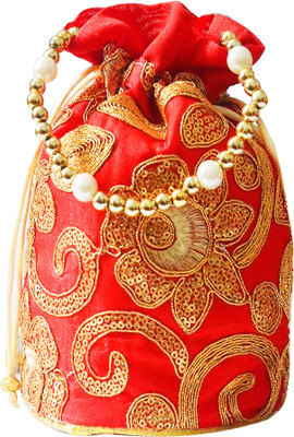 

AyA Fashion Designer Royal Ethnic Clutch Silk Potli Batwa Wallet Bag with Beads Work |Hand embrodired and Golden Lace work Potli(Red)