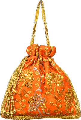 

AyA Fashion Designer Royal Ethnic Clutch Silk Potli Batwa Wallet Bag with Beads Work |Hand embrodired and Golden Lace work Potli(Orange)