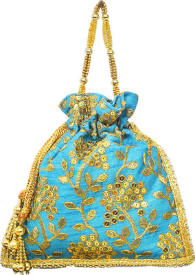 

AyA Fashion Designer Royal Ethnic Clutch Silk Potli Batwa Wallet Bag with Beads Work |Hand embrodired and Golden Lace work Potli(Blue)