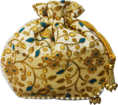 

AyA Fashion Designer Royal Ethnic Clutch Silk Potli Batwa Wallet Bag with Beads Work |Hand embrodired and Golden Lace work Potli(Blue)