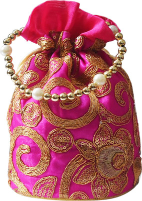 

AyA Fashion Designer Royal Ethnic Clutch Silk Potli Batwa Wallet Bag with Beads Work |Hand embrodired and Golden Lace work Potli(Pink)