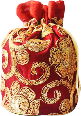 

AyA Fashion Designer Royal Ethnic Clutch Silk Potli Batwa Wallet Bag with Beads Work |Hand embrodired and Golden Lace work Potli(Maroon)