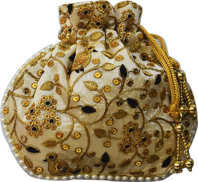 

AyA Fashion Designer Royal Ethnic Clutch Silk Potli Batwa Wallet Bag with Beads Work |Hand embrodired and Golden Lace work Potli(Black)