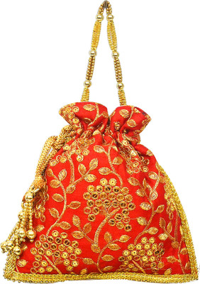 

AyA Fashion Designer Royal Ethnic Clutch Silk Potli Batwa Wallet Bag with Beads Work |Hand embrodired and Golden Lace work Potli(Red)
