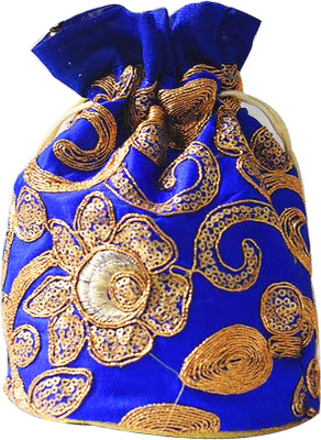 

AyA Fashion Designer Royal Ethnic Clutch Silk Potli Batwa Wallet Bag with Beads Work |Hand embrodired and Golden Lace work Potli(Blue)