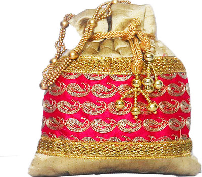 

AyA Fashion Designer Royal Ethnic Clutch Silk Potli Batwa Wallet Bag with Beads Work |Hand embrodired and Golden Lace work Potli(Pink)