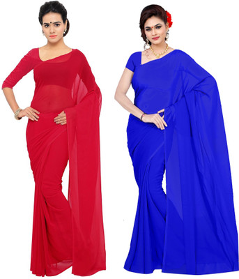Sidhidata Solid/Plain Daily Wear Georgette Saree(Pack of 2, Red, Blue)