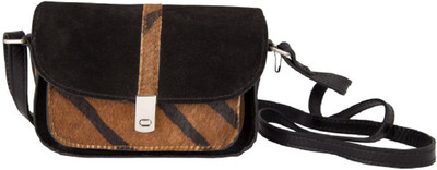 

TRYSCO Girls Casual Tan, Black Genuine Leather Sling Bag, Black;tan