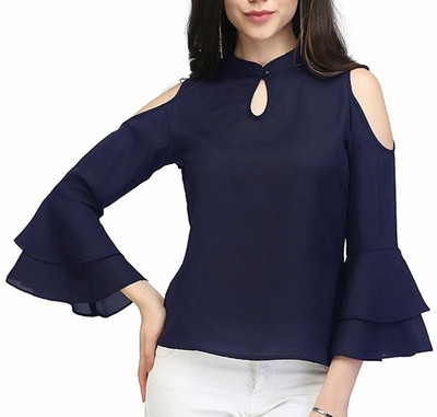 F Plus fashion Party Cold Shoulder Solid Women Dark Blue Top