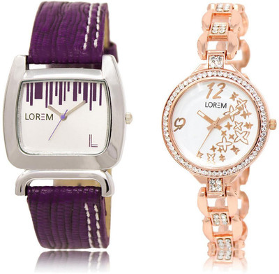 

LOREM LK-207-210 COMBO White Round & Square Girl's Metal Bracelet & Leather Watch - For Women