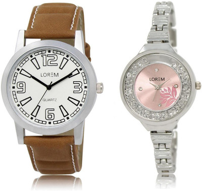 

LOREM LR15-226 Stylish Pink & White Round Boy's & Girl's Metal Bracelet & Leather Watch - For Men & Women