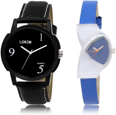 

LOREM LR6-208 Stylish Blue & Black Triangle & Round Boy's & Girl's Leather Watch - For Men & Women