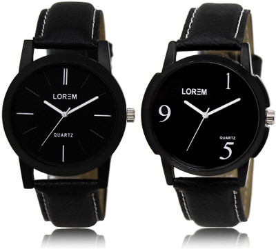 LOREM Black Round Boy's Leather Analog Watch  - For Men