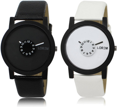 

LOREM LR25-26 Stylish White & Black Round Boy's Leather Watch - For Men