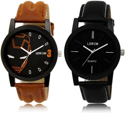 LOREM Black Round Boy's Leather Analog Watch  - For Men