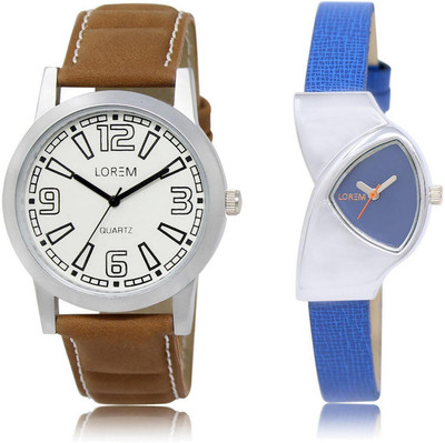 

LOREM LR15-208 Stylish Blue & White Triangle & Round Boy's & Girl's Leather Watch - For Men & Women