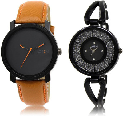 

LOREM LR20-211 Stylish Black Round Boy's & Girl's Metal Bracelet & Leather Watch - For Men & Women