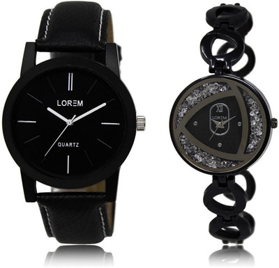 

LOREM LR5-237 Stylish Silver & Black Round Boy's & Girl's Metal Bracelet & Leather Watch - For Men & Women