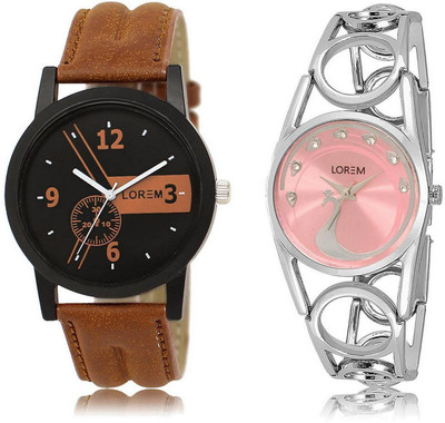 

LOREM LR1-233 Stylish Pink & Black Round Boy's & Girl's Metal Bracelet & Leather Watch - For Men & Women