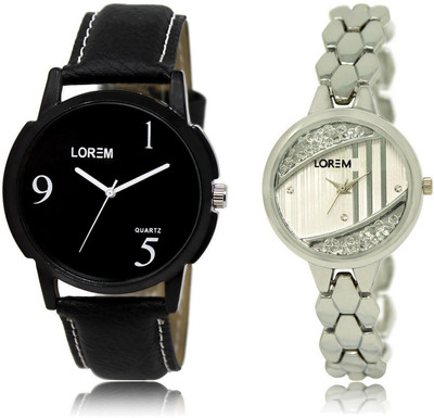 

LOREM LR6-223 Stylish Silver & Black Round Boy's & Girl's Metal Bracelet & Leather Watch - For Men & Women