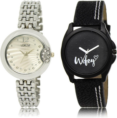 

LOREM LK-227-234 COMBO Black & Silver Round Girl's Leather & Metal Bracelet Watch - For Women
