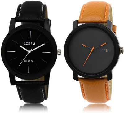 LOREM Black Round Boy's Leather Analog Watch  - For Men