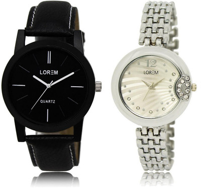 

LOREM LR5-227 Stylish Silver & Black Round Boy's & Girl's Metal Bracelet & Leather Watch - For Men & Women