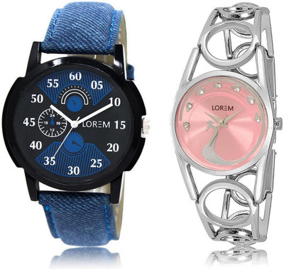 

LOREM LR2-233 Stylish Pink & Black Round Boy's & Girl's Metal Bracelet & Leather Watch - For Men & Women