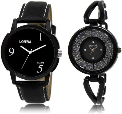 

LOREM LR6-211 Stylish Black Round Boy's & Girl's Metal Bracelet & Leather Watch - For Men & Women