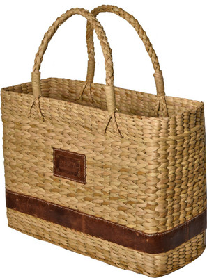

lbohe Straw cane leather Handbag/ Beach/ Market Tote Basket Multipurpose Bag(Beige, Brown, 10 L)