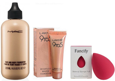 

Fancify Sponge Puff, Mac Face and Body Foundation and Lakme 9to5 Weightless Mousse Foundation(Set of 3)