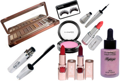 

fancify Eyelashes&ColorBar Lipstick&Lakme9To5 Lipstick Pack Of 2&Naked9 12 Shade Eyesheow Palette&Mac Pink Blusher Shade&Brooke Candy Liner&Mascara&Mac Highlight(Set of 9)