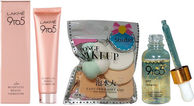 

studio Of 6 Sponge Puffs Set, Lakme 9 to 5 Weightless Mousse Foundation 29g With Gold Radiance Face Serum(Set of 3)