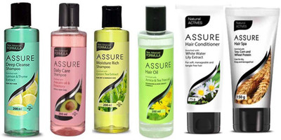 

Assure Hair Oil with Arnica & Tea Tree Oil Hair Oil (200 ml) moisture rich shampoo 200 ml & one daily care shampoo 200 ml & one deep cleanse shampoo 200 ml & one hair conditioner 75g & one hair spa 150g(Set of 6)