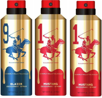 

Beverly Hills Polo Club One Blazer & Two Mustang Deo Deodorant Spray - For Men(525 ml, Pack of 3)