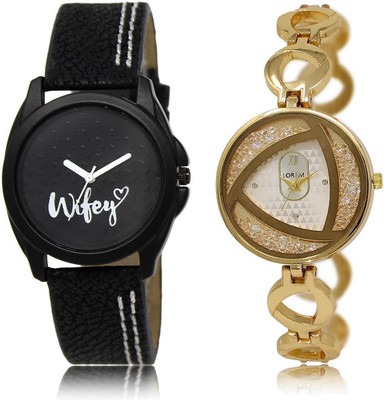 

LOREM LR234-239 Stylish Silver & Black Round Girl's Metal Bracelet & Leather Watch - For Women
