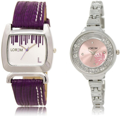 

LOREM LR207-226 Stylish Pink & White Round & Square Girl's Metal Bracelet & Leather Watch - For Women