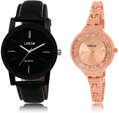 

LOREM LR5-225 Stylish Rose Gold & Black Round Boy's & Girl's Metal Bracelet & Leather Watch - For Men & Women