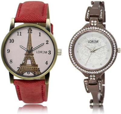 

LOREM LR230-236 Stylish Silver & Pink Round Girl's Metal Bracelet & Leather Watch - For Women
