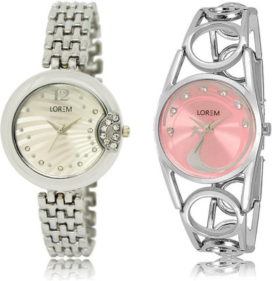 

LOREM LR227-233 Stylish Pink & Silver Round Girl's Metal Bracelet Watch - For Women