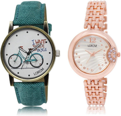 

LOREM LR228-229 Stylish Silver & White Round Girl's Metal Bracelet & Leather Watch - For Women